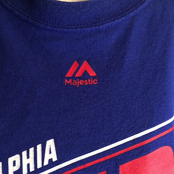 MAJESTIC LARGE PHILDELPHIA 76ERS EMBIID # 21 TEE SHIRT GENTLY USED - Picture 4 of 6